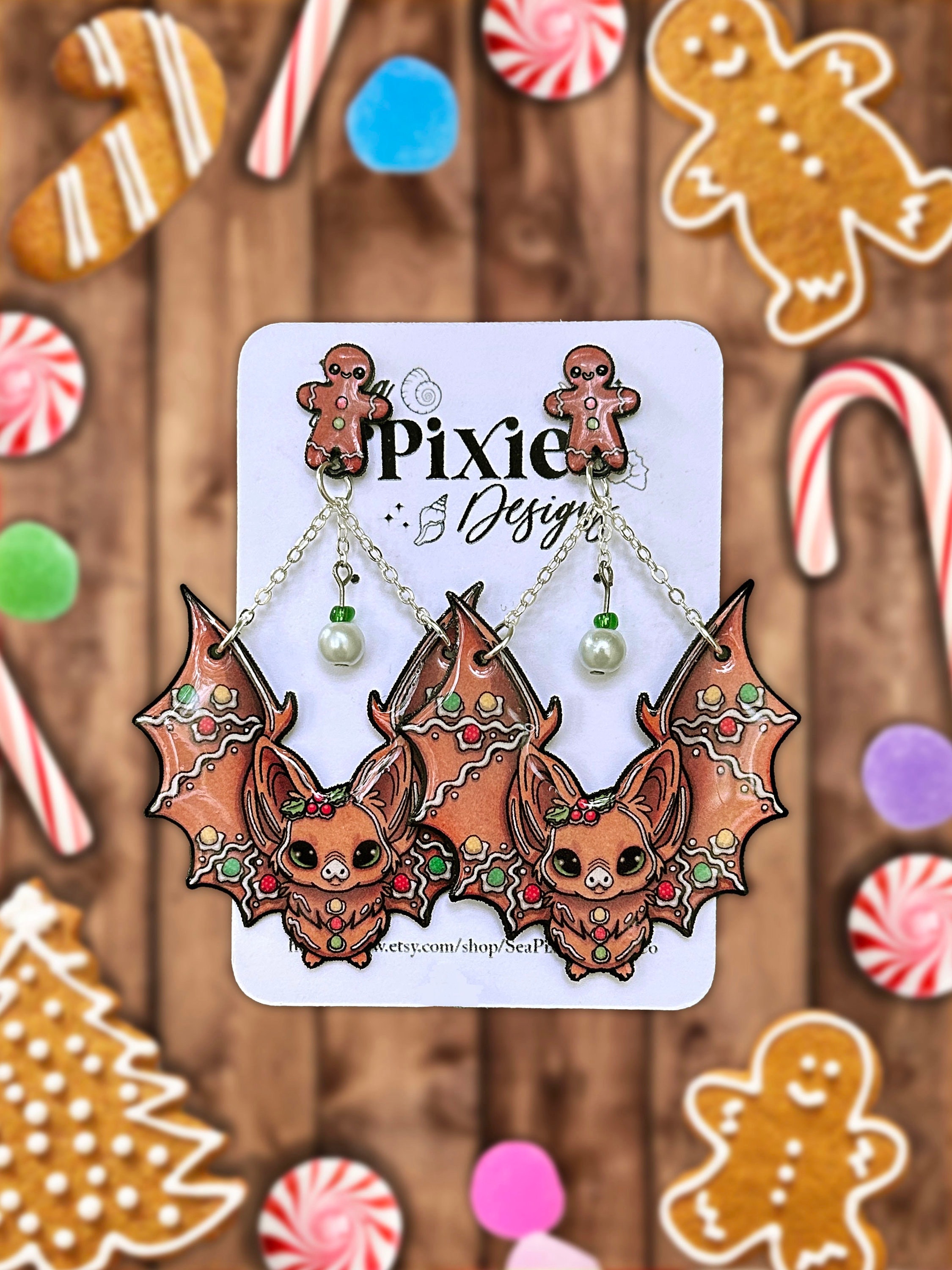 Gingerbread Bats Christmas Holiday Shrink Plastic Earring Studs