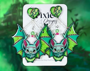 Brincos pendurados de Halloween com morcego Frankenstein, acessórios de outono com glitter, joias leves sem níquel, presente fofo e assustador, cesta de Boo