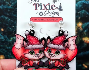 Fox Christmas Earrings, Forest Xmas Fall Winter Accessory Nickel Free Lightweight Jewelry Cute Gift Stocking Stuffer Cottagecore Woodland