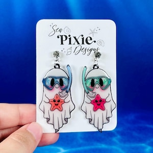 Scuba Diving Snorkel Ghosts Summerween Dangle Drop Earrings, Spooky, Cute, & Coastal, Halloween Summer Accessories and Jewelry for Her