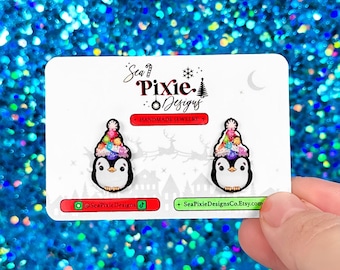 Groovy 70's Glitter Penguin Santa Christmas Stud Earrings, Holographic Xmas, Winter Accessories, Gifts for Her, Stocking Stuffers, Cute