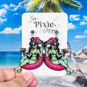 Bride of Frankenstein Flamingo Float Summerween Dangle Drop Earrings, Spooky, Cute, & Coastal, Halloween Summer Accessories and Jewelry