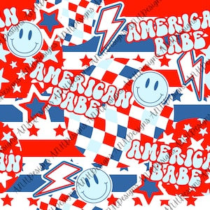 May include: A seamless pattern featuring a red, white, and blue color scheme. The pattern includes stars, lightning bolts, smiley faces, and the text "American Babe" in a retro font.