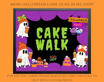 Może przedstawiać: Fioletowo-czarny znak na imprezę Halloweenową z białym duchem i tekstem "Cake Walk" w zielonych i czarnych literach. Znak zawiera również tekst "Halloween Party" i wzór pajęczyny.