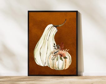Pumpkin Printable Wall Art, Fall Print, Floral Fall Decor, Pumpkin Watercolor Painting, Rustic Fall Print, Fall Farmhouse, Autumn Prints
