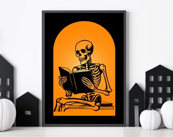 Skeleton Reading Picture, Skeleton Print, Modern Halloween Art, School Halloween Prints, Orange and Black Halloween Decor, Skeleton Wall Art