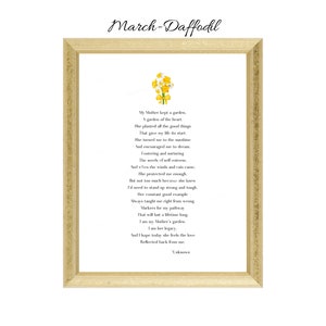 Poème fête des mères avec fleur du mois de naissance, jonquille de mars, impression fleur & poème, téléchargement immédiat, cadeau impression fête des mères, art poétique, maman