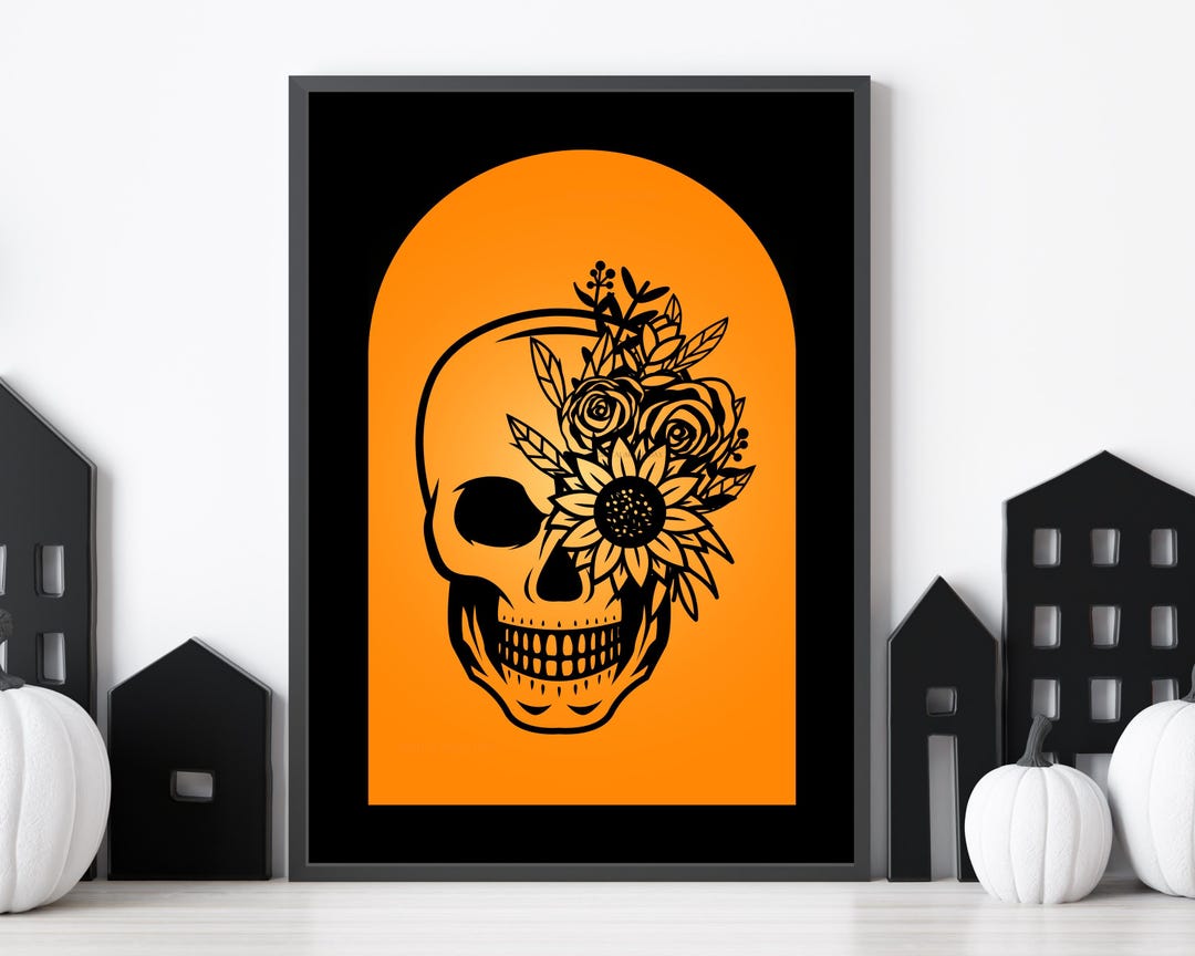 Skeleton With Flowers, Pretty Skeleton Print, Modern Halloween Art ...