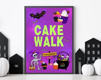 Może przedstawiać: Fioletowo-zielony plakat z tekstem "Cake Walk" i motywem Halloween. Plakat przedstawia szkielet trzymający dynię, babeczki, kocioł i nietoperza.