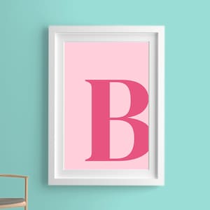 May include: A white framed print with a pink background and a large, bold, pink letter "B" in the center.