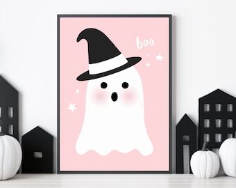 Cute Ghost Print | Halloween Wall Art | Pink Halloween | Kid Friendly Halloween Decor | Digital Art | Instant Download | Halloween Printable