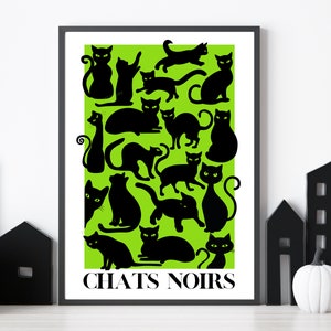 May include: A green poster with black silhouettes of cats in various poses. The text "CHATS NOIRS" is at the bottom of the poster.