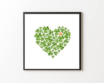 Shamrock Heart Print, Irish Decor, Ireland National Flower, Instant Download, Irish Shamrock Art, St. Patrick's Day, Ireland Flag Colors