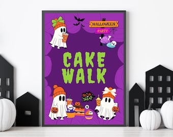 Może przedstawiać: Fioletowo-zielony znak do wydrukowania z tekstem "Halloween Party" i "Cake Walk". Na znaku znajdują się kreskówkowe duchy w pomarańczowych czapkach, trzymające napoje i dynie.