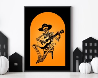 Skeleton Playing Guitar Picture, Skeleton Print, Modern Halloween Art, Halloween Prints, Orange and Black Halloween Decor, Skeleton Wall Art