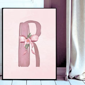 Pink Letter R Watercolor, Coquette Decor, Feminine Teen Art, Nursery Letter, Pink Letter R, Initial with Bow, Baby Room Art, Mauve Letter R