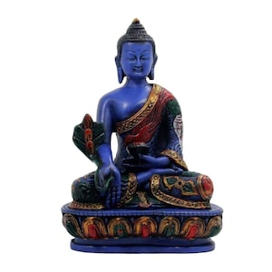 Medicine Buddha. Handmade 5.5 Inches Tall Multicolor Blue Hand Painted Buddha Figurine Sculpture Statue for Peace and Relaxation.