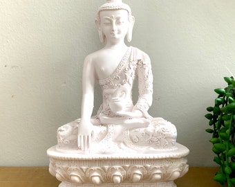 8.5 Inches Pure White Large Handmade Resin Tibetan Buddha Statue in Earth Touching Pose, Medicine Buddha. Blessed and Energized.
