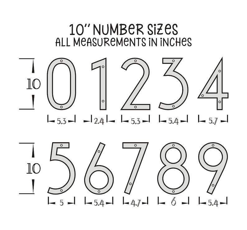 May include: A diagram showing the size of 10-inch metal house numbers. The numbers 0 through 9 are shown with measurements in inches for the height and width of each number.