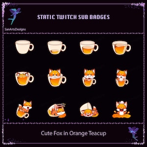 Puede incluir: Un conjunto de 10 insignias de suscripción estáticas de Twitch que presentan un lindo zorro en una taza de té naranja. Las insignias muestran al zorro en diferentes poses, incluyendo sentado en la taza, asomándose por la taza y derramando el té. Las insignias son perfectas para agregar un toque de fantasía a tu canal de Twitch.