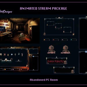 Könnte beinhalten: Animiertes Stream-Paket mit düsterem, gotischem Thema. Enthält Overlays, Benachrichtigungen und Szenenlayouts. Verfügt über eine gruselige, verlassene PC-Raum-Szene, Voodoo-Puppe-Grafiken und Text, der "NIGHTMARE COMING SOON" und "SUBSCRIBERS" lautet.