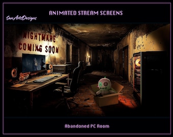 May include: An animated stream screen design with a horror theme. The scene depicts an abandoned PC room with a computer, desk, and a voodoo doll in a box. The words "NIGHTMARE COMING SOON" are written on the wall.