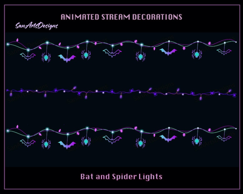 Halloween Spider Bat Light Chains Animated Stream Decorations, Halloween Bat Light Chain Twitch Overlay for Streamers, OBS, Streamlabs