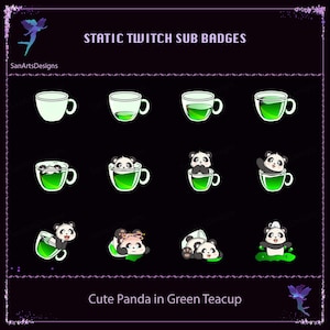 Insignias de suscripción de Twitch con un lindo panda en una taza de té verde, insignias de suscripción de Twitch con un lindo panda en una taza de té, insignias de suscripción kawaii para streamers, YouTubers y Discord