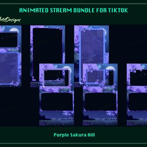 May include: Animated stream bundle for TikTok with a purple sakura hill theme. The bundle includes five different animated frames with a purple and blue color scheme.