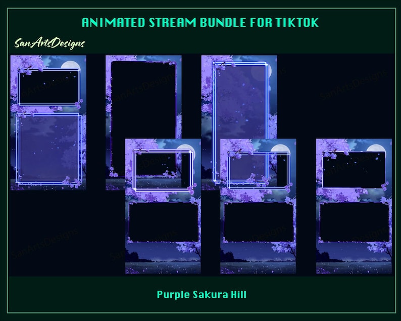 May include: Animated stream bundle for TikTok with a purple sakura hill theme. The bundle includes five different animated frames with a purple and blue color scheme.