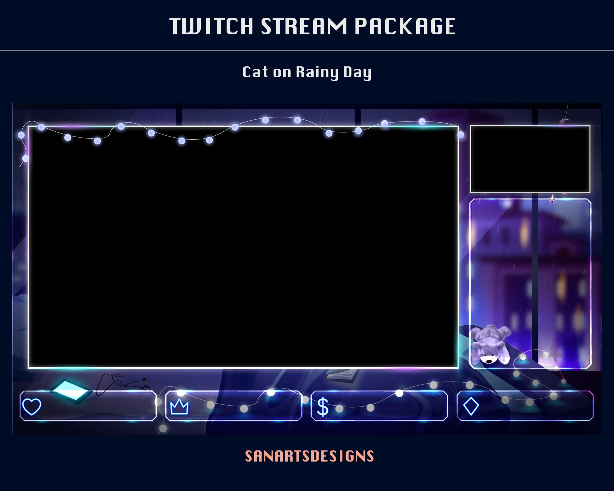 Animated Twitch Overlays Package Cat on Rainy Day, Cat Watching Rain ...