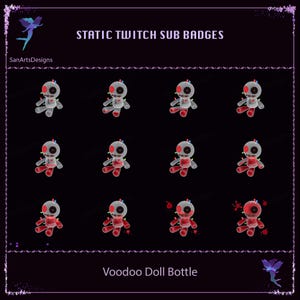 Op de afbeelding: Een verzameling statische Twitch sub-badges met voodoopoppenontwerpen. Elke pop heeft een grijze body, rode ledematen en een gestikte mond. De badges zijn gerangschikt op een zwarte achtergrond met de tekst "STATIC TWITCH SUB BADGES" en "Voodoo Doll Bottle".