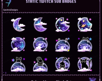 Black Cat on Galaxy Moon Twitch Sub Badges, Black Cat on Galaxy Moon Stream Sub Badges for Streamer, Vtuber, YouTuber, OBS, Chat