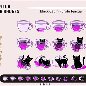 Peut inclure: Un ensemble de badges de souscription Twitch repr&eacute;sentant un chat noir dans une tasse &agrave; th&eacute; violette. Les badges montrent le chat dans diff&eacute;rentes positions, notamment assis dans la tasse, regardant hors de la tasse et tombant de la tasse. Les badges sont con&ccedil;us dans un style cartoon et sont parfaits pour les streamers Twitch qui souhaitent ajouter une touche de fantaisie &agrave; leur cha&icirc;ne.
