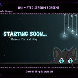 Animated Stream Overlay Blue Cute Hiding Wolf, Animated Twitch Screen Overlays Cute Baby Wolf for Streamers, OBS, Vtubers, YouTubers