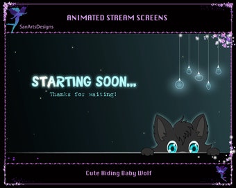 Animated Stream Overlay Blue Cute Hiding Wolf, Animated Twitch Screen Overlays Cute Baby Wolf for Streamers, OBS, Vtubers, YouTubers