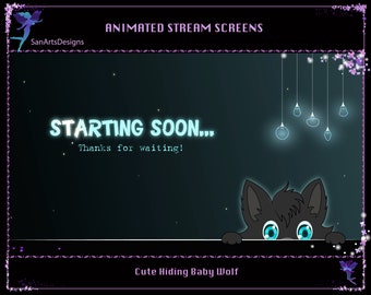 Animowana nakładka na strumień Niebieski słodki ukrywający się wilk, animowane nakładki na ekran Twitch Słodki mały wilk dla streamerów, OBS, Vtuberów, YouTuberów
