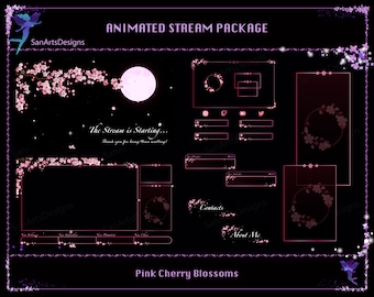 Animated Stream Package Pink Sakura, Animated Twitch Overlays Falling Cherry Blossom for Streamers, OBS, Streamlabs, Trovo