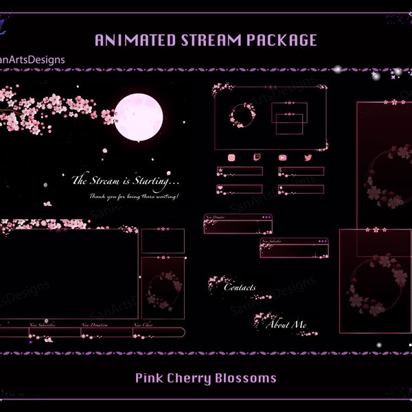 Forfait flux animé Pink Sakura, superpositions Twitch animées Falling Cherry Blossom pour streamers, OBS, Streamlabs, Trovo