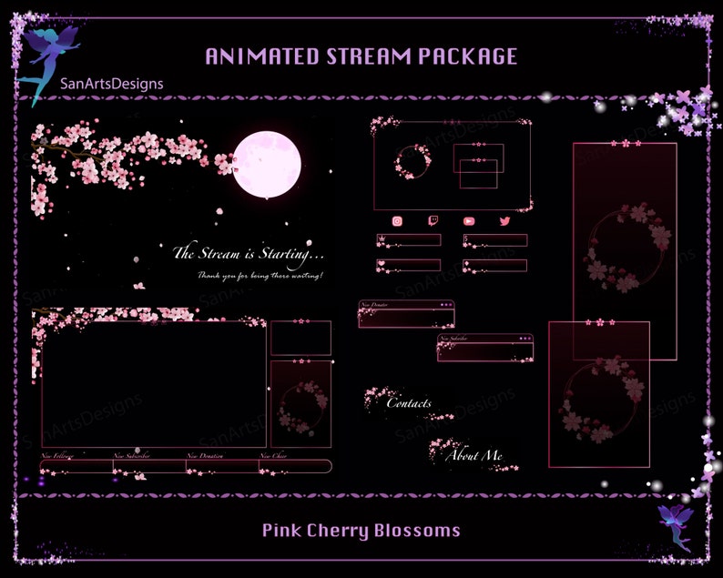 May include: Animated stream package with a pink cherry blossom theme. The package includes a variety of overlays, including a starting soon screen, a chat box, a social media panel, and a contact and about me section. The overlays are all animated and feature a pink cherry blossom design.