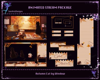 Animated Stream Overlay Package Black Cat by Autumn Window, PC Room in Fall Animated Twitch Overlays for Streamers, OBS, Streamlabs