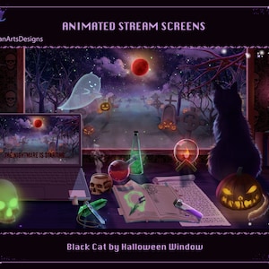 Animated Stream Overlays Black Cat by the Halloween Window, Animated Twitch Overlays Halloween Livestream Room for Streamers
