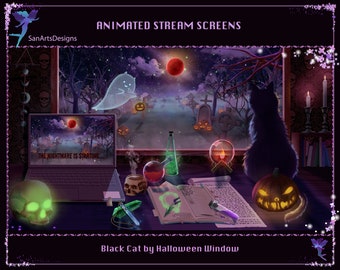 Animated Stream Overlays Black Cat by the Halloween Window, Animated Twitch Overlays Halloween Livestream Room for Streamers