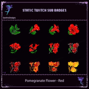 Red Pomegranate Flower Twitch Sub Badges, Red Pomegranate Flower Twitch Sub Badges, Kawaii Twitch Sub Bit Badges for Streamer, Vtuber