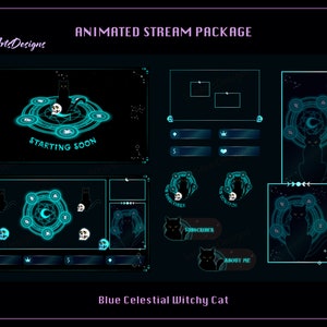 Pacchetto di streaming animato Celestial Witchy Black Cat, sovrapposizioni Twitch animate Cerchio magico celeste per streamer, OBS, Vtuber, Streamlabs