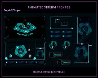 Animated Stream Package Celestial Witchy Black Cat, Animated Twitch Overlays Celestial Magic Circle for Streamers, OBS, Vtubers, Streamlabs