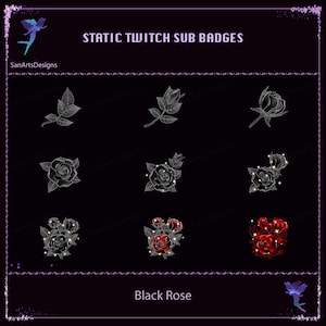 Black Rose Twitch Sub Badges, Black Red Rose Twitch Sub Badges, Kawaii Twitch Sub Bit Badges for Streamer, Vtuber, OBS, TikTok, Discord