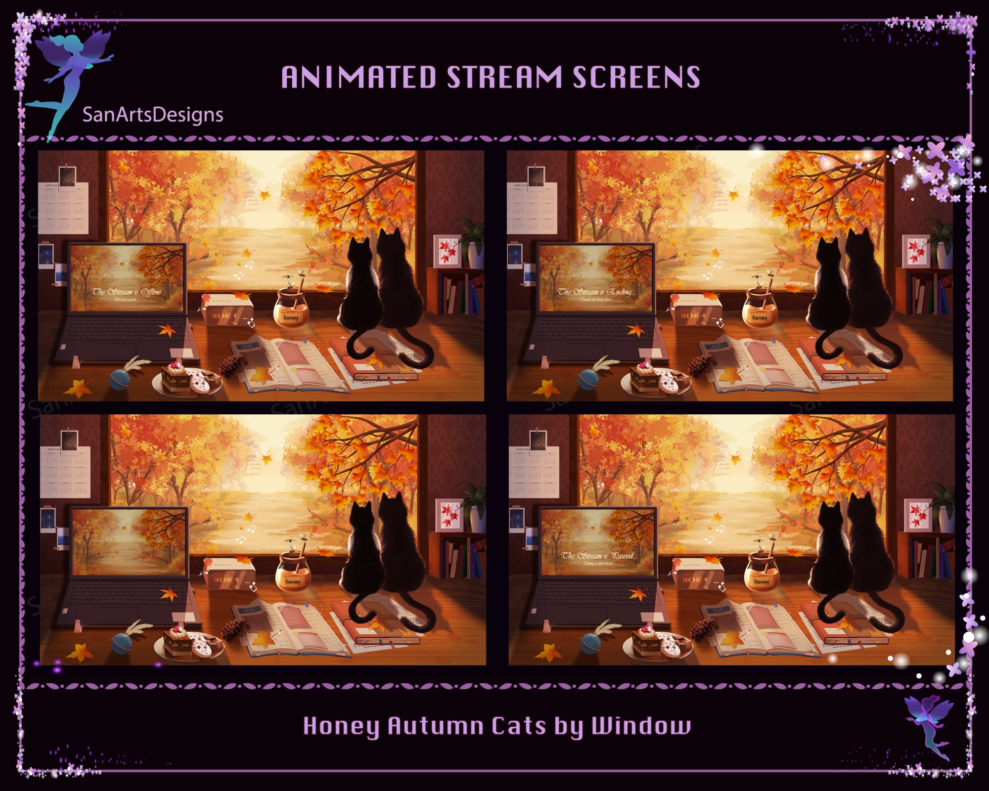 Animated Stream Overlays Black Cat by the Autumn Window, Animated ...
