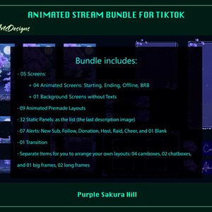 May include: Animated stream bundle for TikTok with a purple sakura hill theme. The bundle includes 5 screens, 9 animated premade layouts, 32 static panels, 7 alerts, 1 transition, and separate items for arranging your own layouts.