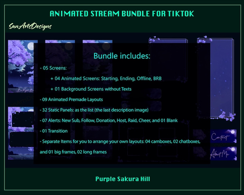 May include: Animated stream bundle for TikTok with a purple sakura hill theme. The bundle includes 5 screens, 9 animated premade layouts, 32 static panels, 7 alerts, 1 transition, and separate items for arranging your own layouts.